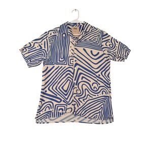 OAS Mens Blue White Eldovado Geometric Wave Viscose Short Sleeve Camp Shirt Sz S